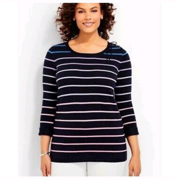 Talbots Petite Large Navy Blue Purple Pink Ombre Striped Sweater 3/4 Sleeve - Picture 1 of 10